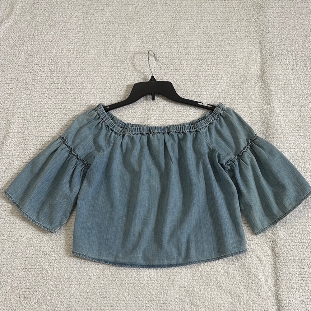 Madewell Blue Denim off- The Shoulder Crop Blouse With Bell Sleeves